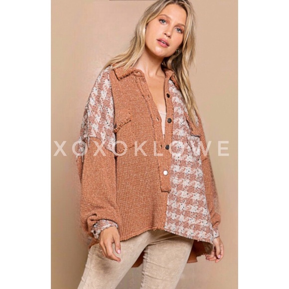 POL Half Button Houndstooth Patchwork Pullover Top Oversized - Picture 10 of 12